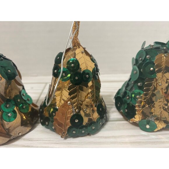 Vintage Handmade Sequined Bell Ornaments Set Of 4 Gold & Green Christmas - Picture 3 of 6